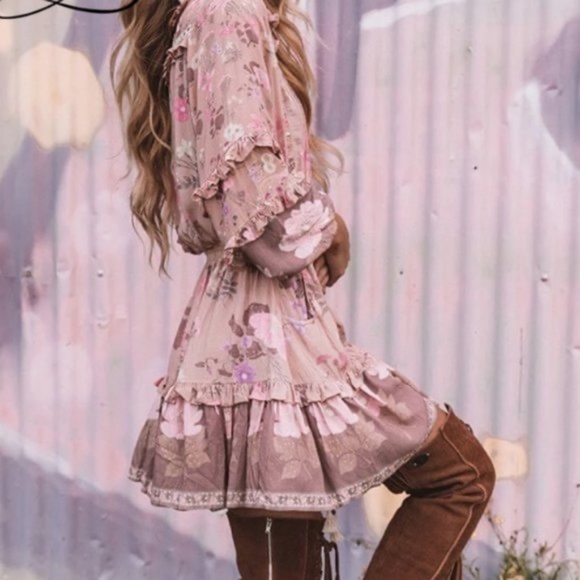Bohemian Pink Floral Print Ruffle Sleeve Mini Dress - Picture 11 of 12